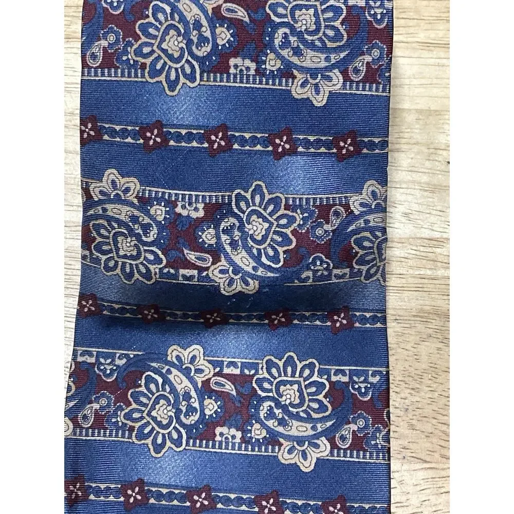 Vintage Oscar de‎ la Renta Mens Floral Tie Burgundy Blue Made in USA Business